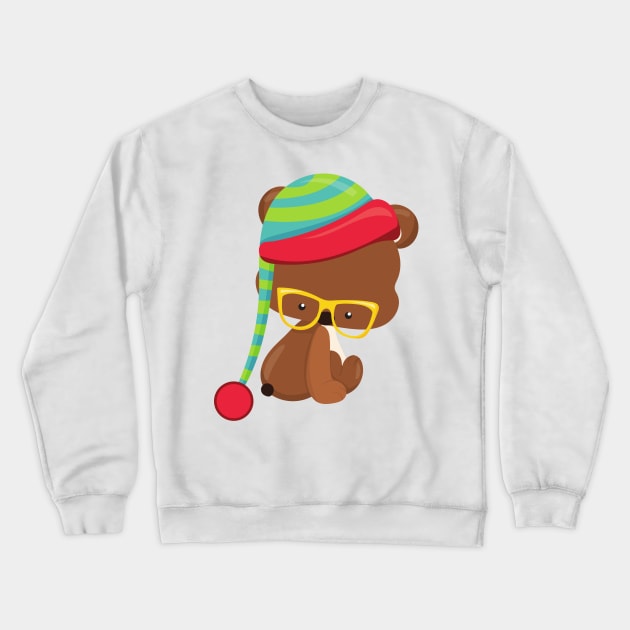 Winter Bear, Hipster Bear, Bear With Glasses, Hat Crewneck Sweatshirt by Jelena Dunčević